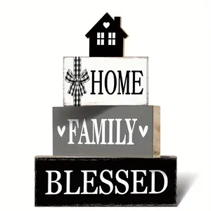 4pcs Rustic Farmhouse Decor Blessed Signs for Home Decor Neutral Home Family Wood Sign Black and White Modern Tabletop Centerpiece for Kitchen Shelf Desk Tiered Tray Decoration Vintage Plaque Decor