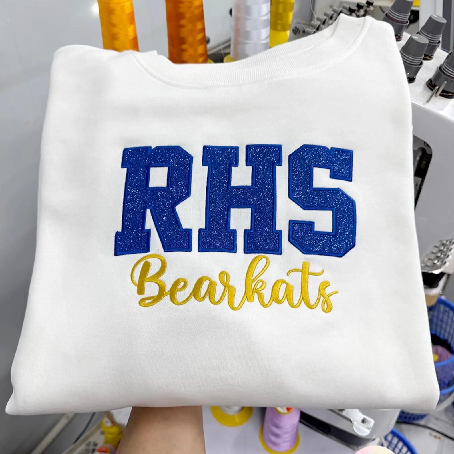 (Leave a note) Custom Varsity Glitter Embroidered Sweatshirt, Applique Crewneck, College Initials Patchwork Embroidery
