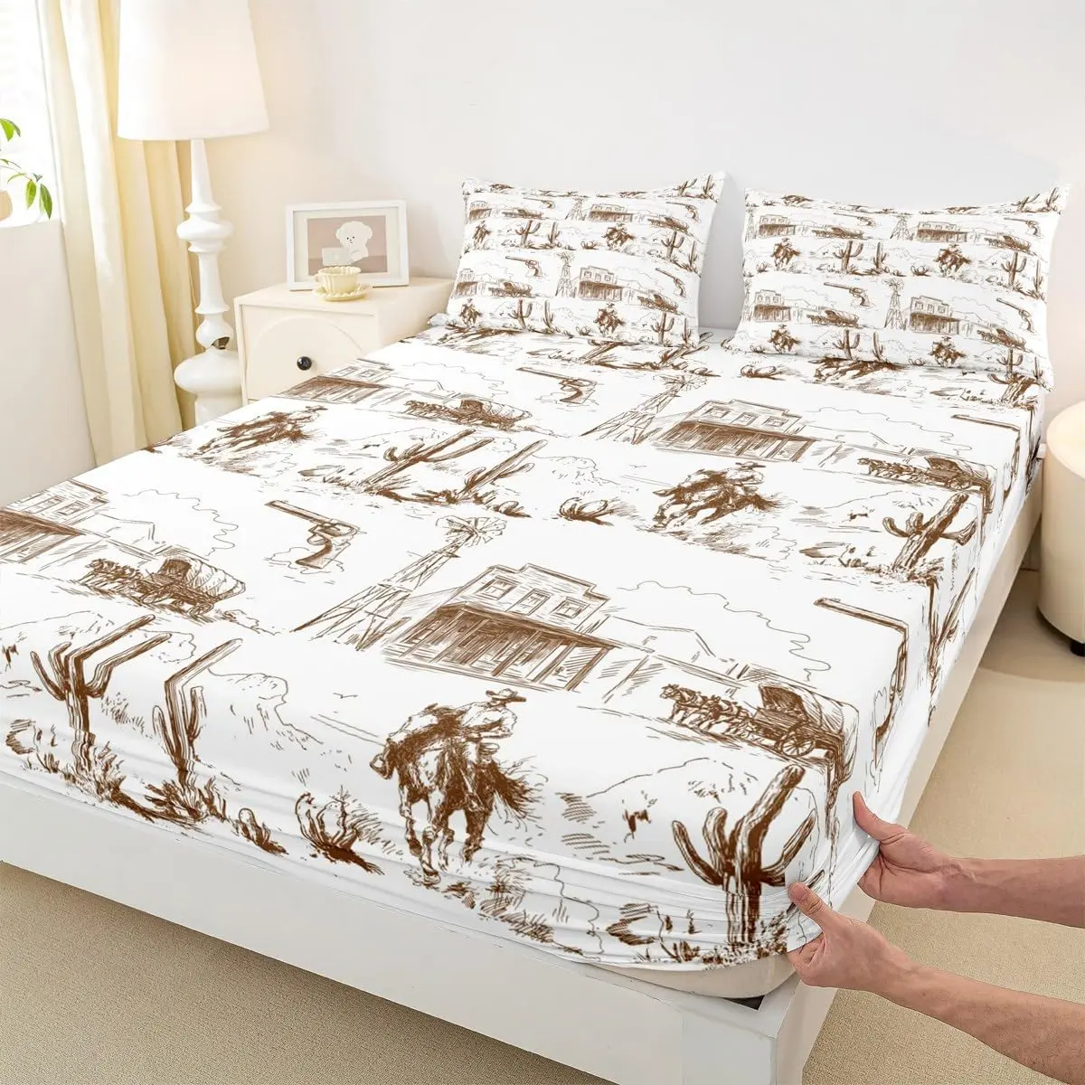 Western Cowboy Fitted Sheet,Sketch Rustic Farmhouse Cabin Bed Sheet Vintage Desert View Bedding Set Men Room Decor Brown White Deep Pocket Sheet