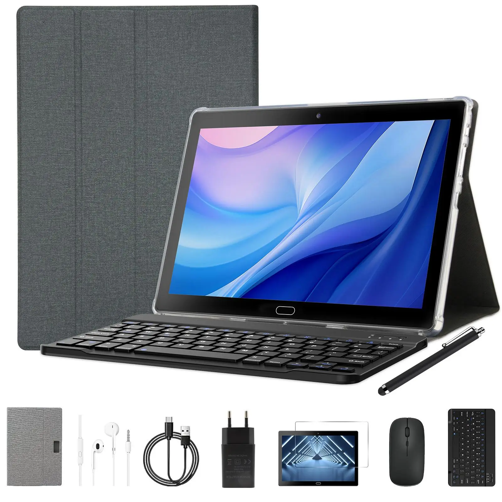 Android Tablet 10 inch with Keyboard,64GB ROM,1TB TF Expansion,2.0GHz CPU,5G WiFi,Bluetooth,Dual Camera,Dual Stereo Speaker,with Case,Mouse,Stylus