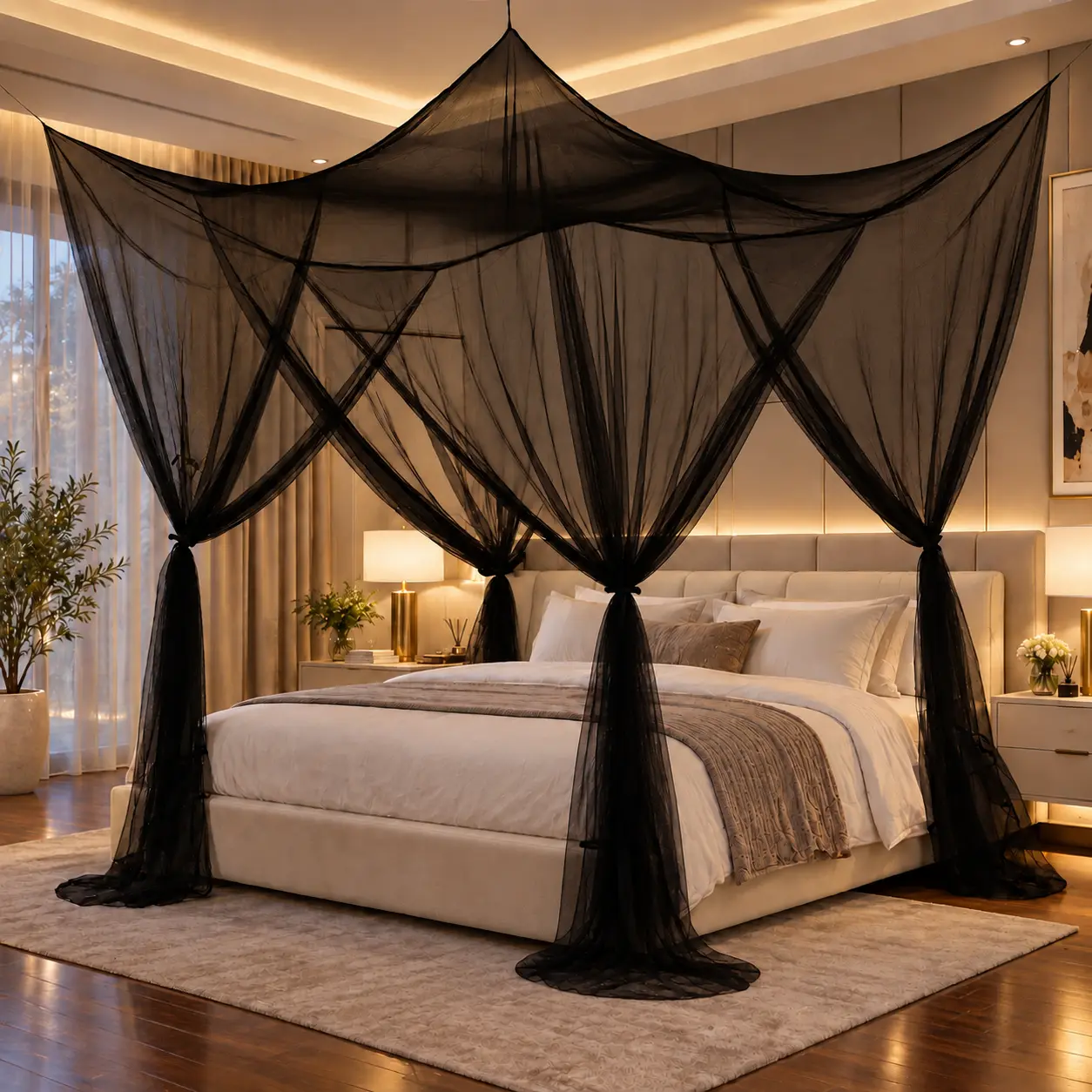 Mengersi Bed Canopy Mosquito Net - 4 Corner Post Curtain Net, 4-Side Open Easy Access, Dark Gothic Bed Canopy with Optional LED String Lights, Insect Shield Netting for Twin Full Queen King, Halloween Bedroom Decor