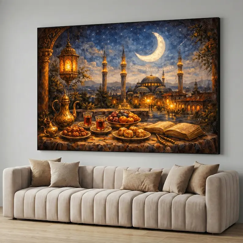Ramadan Crescent Moon Poster, Islamic Lantern Mosque Wall Art, Eid Mubarak Decor Print, Middle Eastern Home Artwork