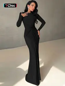 Women's Elegant Solid Color Ruched Padded Shoulder Long Sleeve Bodycon Maxi Dress, Crew Neck Gown for Evening Parties, Clubs and Holidays, Formal Dresses for Ladies, Special Occasion Wear for Spring, Fall & Winter