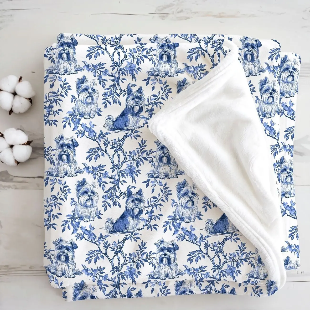 Yorkshire Terrier Toile De Jouy Blanket, Blue Chinoiserie Yorkie Mom Throw Dog Lovers Gift, New Puppy Owner Present Pet Lover Home Decor