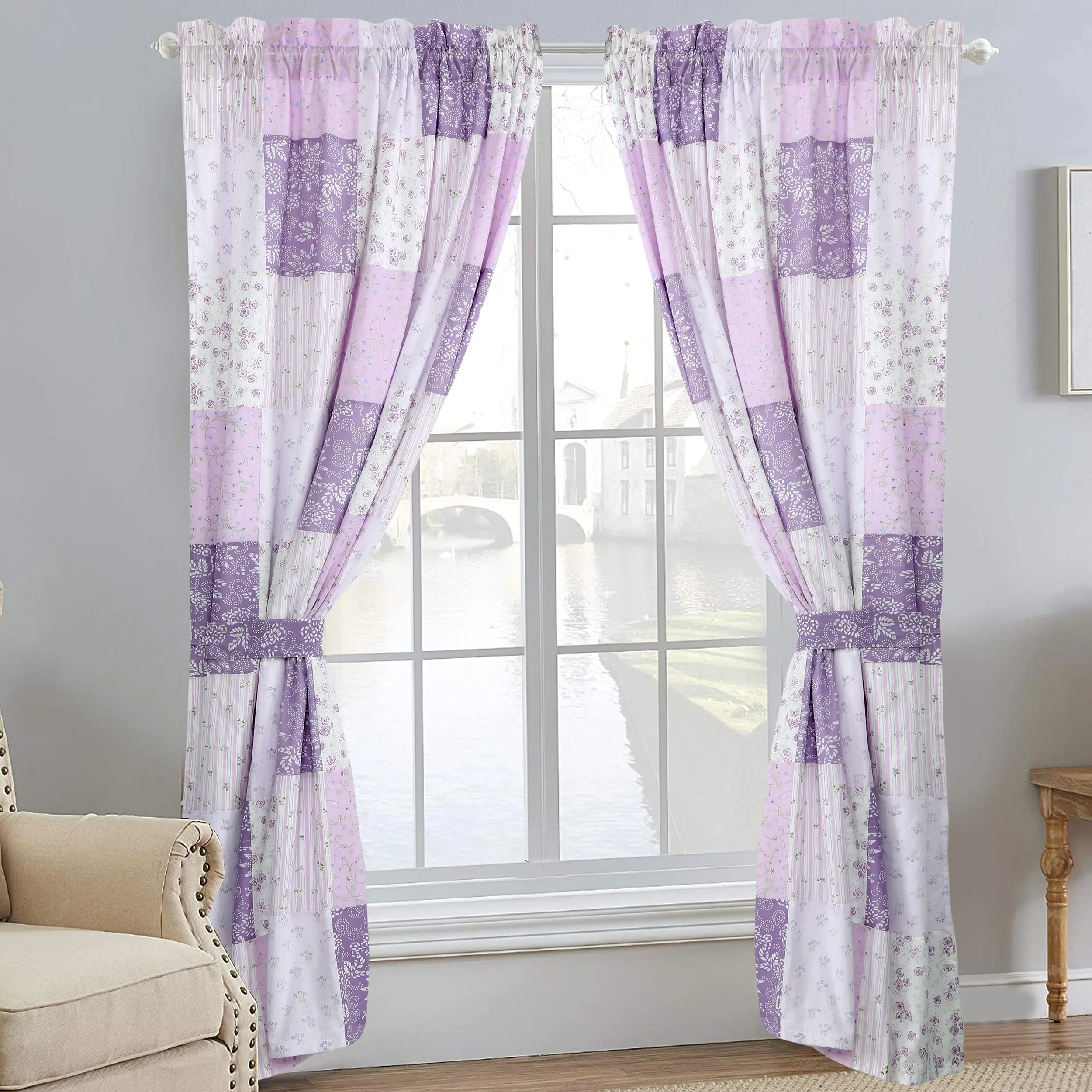 Lilac Lavender Floral Patchwork Purple Window Drapes, Floral Accent Curtains with Cotton Outer, Solid Liner and Tie Back Ties