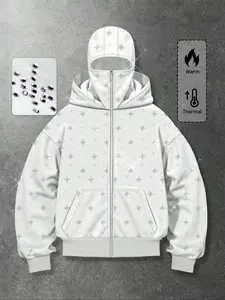 Men's Street Style Rhinestone Hooded Sweatshirt, Casual Pocket and Zip Design, Fall & Winter Wear, Geometric Pattern, Fitted Fit, Menswear, Long Sleeve, Streetwear
