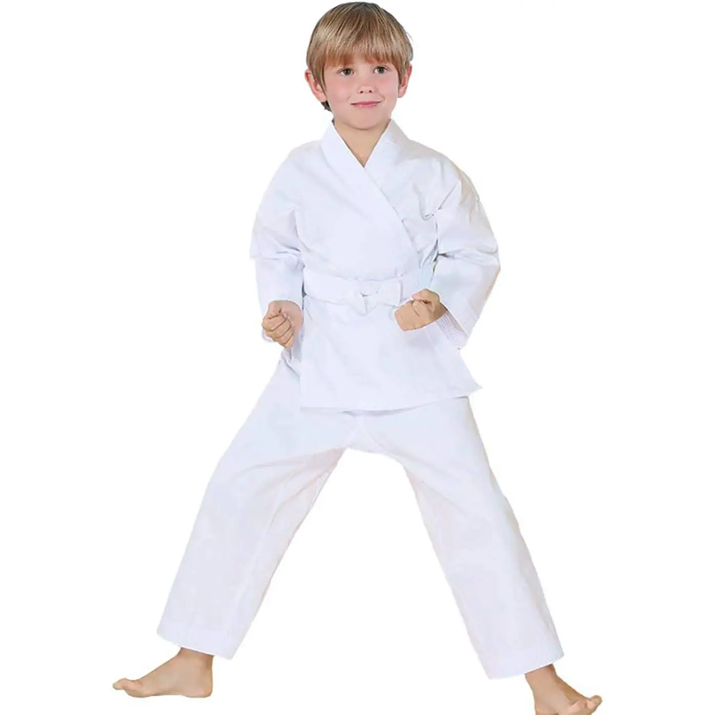 Karate Gi with Free Belt, Easy to Clean Machine or Hand Washable White Karate Uniform for Kids & Adults (Size 000-6)