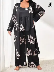 [Plus Size] Three-Piece Set Floral Print Cami Top & Pants & Open Front Long Sleeve Outwear Loungewear Set, Pajama Set, Elegant Comfy Pyjama Set, Sleepwear for Women, Women's Sleepwear for All Seasons, Nightwear Lounge Set