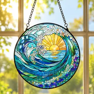 Ocean Wave Stained Glass Suncatcher, Sunset Sea Glass Window Hanging Ornament, Crystal Light Catcher, Coastal Home Decor, Perfect Gift for Ocean Lovers