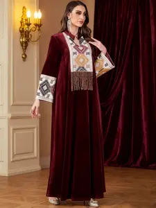 Elegant Muslim Evening Dress Long Sleeve Geometric Pattern, Loose Fit Thick Velvet Fabric for Fall & Winter, Islamic Women Fashion