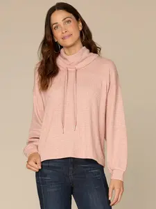 Long Blouson Sleeve Cowl Neck Mixed Media Petite Knit Top with Ties