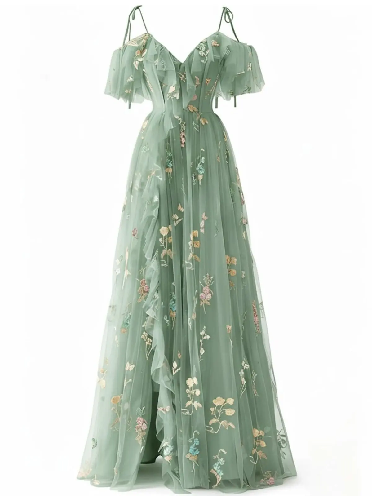 Green 1970s Slip Floral Embroidered Mesh Slit Dress Homecoming Dress Party Prom Dress Green 1970s Slip Floral Embroidered Mesh Slit Dress Homecoming Dress Party Prom Dress