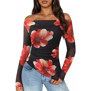 ZESICA Floral Mesh Off Shoulder Long Sleeve Tops for Women 2026 Y2k Double Lined Sheer Spring Going Out Shirts