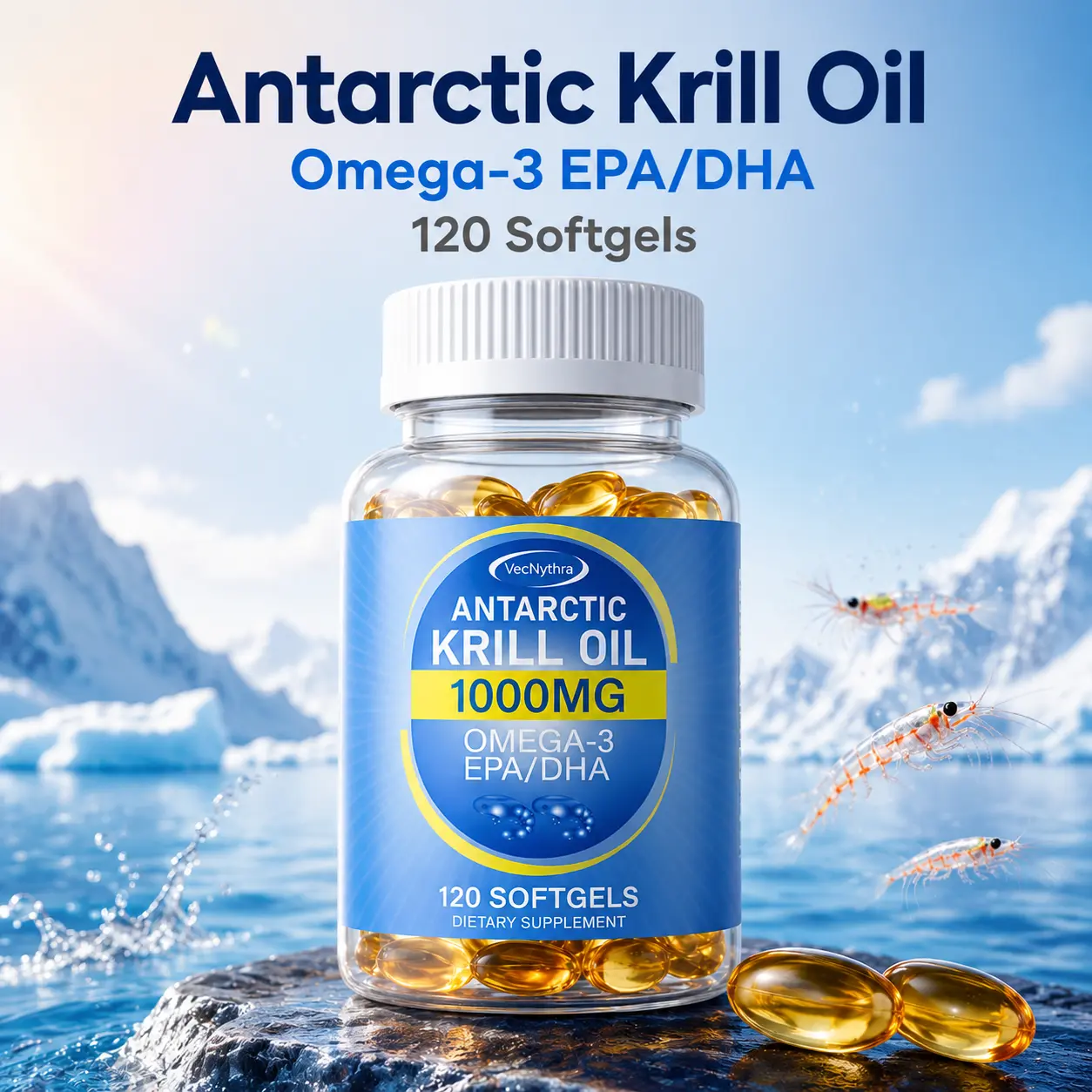 VecNythra Antarctic Krill Oil 1000mg with Omega-3 EPA, DHA & Astaxanthin, Daily Wellness Supplement for Adults, 120 Softgels