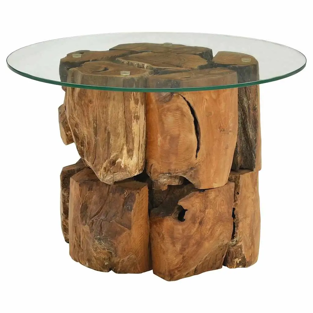 vidaXL Coffee Table, Round End Table with Glass Tabletop, Side Table for Living Room Bedroom, Farmhouse Modern, Solid Teak Driftwood 243474