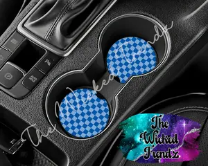 Cute Car Coasters Set of 2 Blue Checkered Print Retro Cute Car Truck Accessories Decor Cup Holder New Car Gift Car Decoration Women Men Girl Car