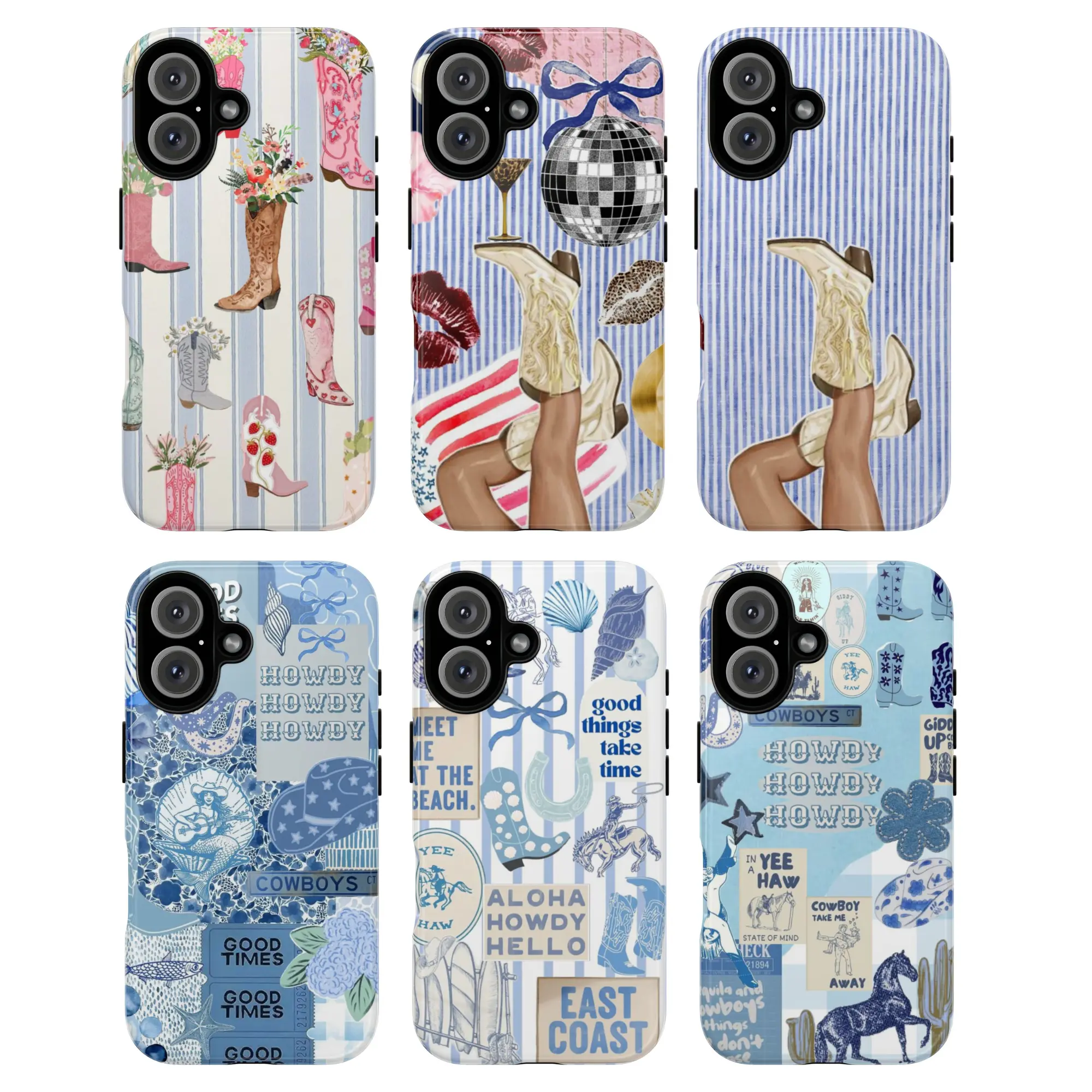 Trendy Western Aesthetic Phone Case, Cowgirl Boots & Blue Vintage Vibes, Gift for her for him, Aesthetic Protective Cover