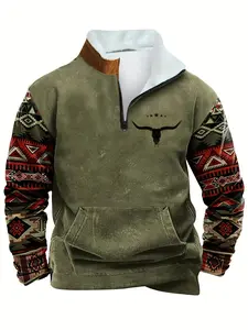 Men's Fall/Winter Fitted Long Sleeve Pullover Sweatshirt with Zipper and Pockets, Colorblock Ethnic Print Design, Casual Warm Retro Style