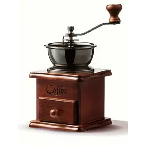 A vintage manual coffee grinder, equipped with a ceramic grinding core - a wooden hand-cranked espresso grinder, suitable for freshly ground coffee beans,    Wooden coffee machine