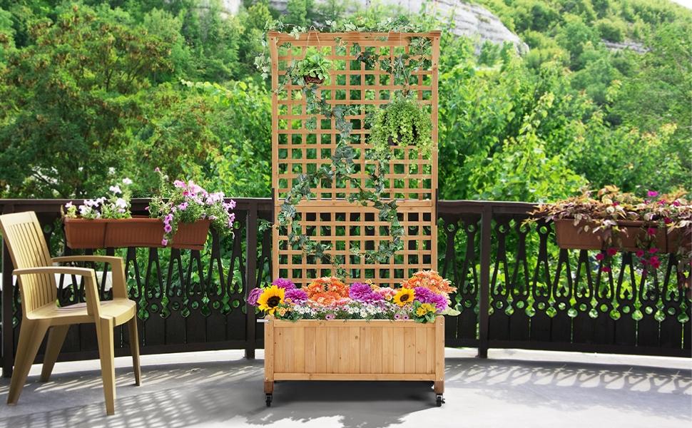 【4 Universal Castors】Yaheetech 75/50" H Horticulture Garden Planter with Trellis for Vine Climbing Plants Garden Box Outdoor w/Drainage Holes Raised Garden Bed Garden Planter Box for Flowers