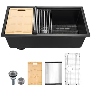 VEVOR 33-in Undermount/Drop-In Single Bowl Granite Workstation Sink, Quartz Blend Scratchproof Complete Kit with Easy Setup & Multiple Accessories for RV Prep Kitchen (Black)