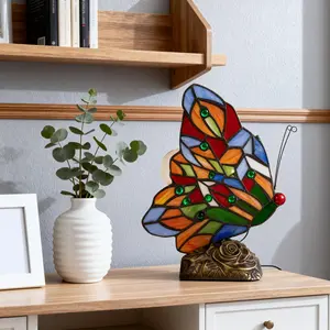 Vintage Tiffany Glass Butterfly Shape Night Light 1-Light Table Lamp 25W E26 LED Bulb Compact 4x9 Inches Artistic Design Warm Lighting Home Decor Classic Tiffany Style