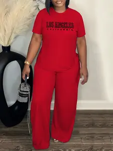 Women's Spring Summer Plus Size Fashion Letter Print Round Neck Short Sleeve T-Shirt & Wide Leg Pants Two-Piece Set