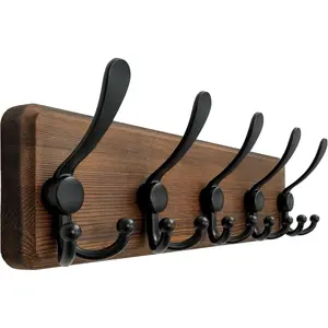 Wall Mounted Coat Rack - 5 Tri Hooks, Heavy Duty Wooden Wall Coat Hanger Hooks for Clothes Hat Jacket, Natural & Black