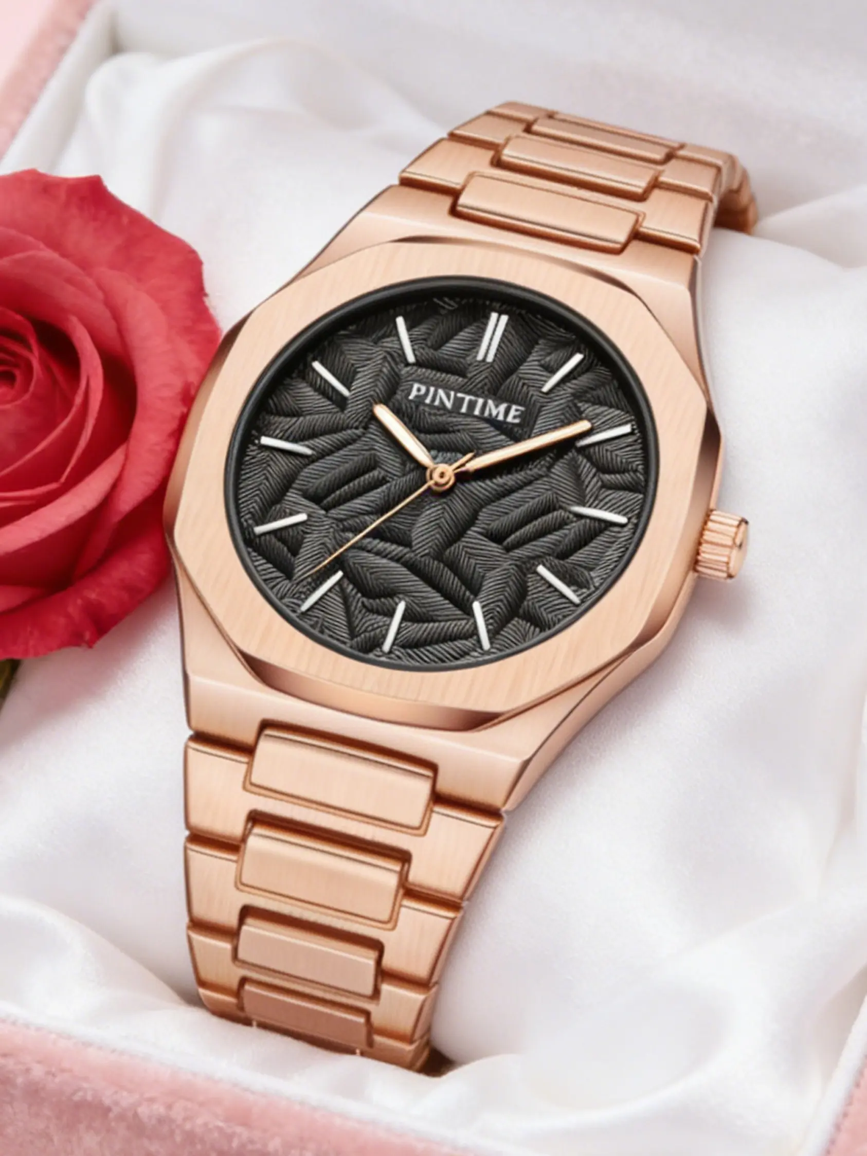 Men's Quartz Watch Rose, Durable Zinc Alloy, Elegant Round Dial Leaf Design, Luxury Waterproof Fashion Party Wristwatch, Casual Daily Wear Accessory, Water Resistant Watch, Quartz Analog Wristwatch, Quartz Wrist Watches