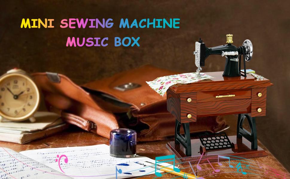 Vintage Mini Sewing Machine Box, European Retro Classical Treadle Sewing Machine Table Desk Mechanical Clockwork Box for Home Birthday Gift