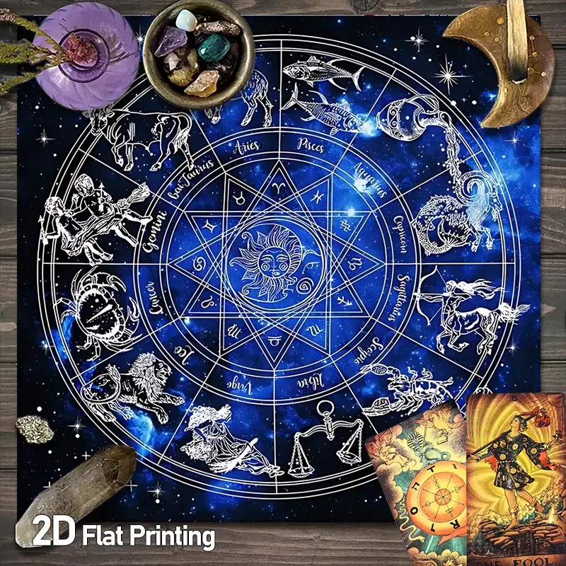 Zodiac Wheel Astrology Chart Tarot Card Tablecloth |  Mystical Celestial Design Altar Tablecloths | Horoscope Constellation Gaming Tablecloth | for Divination Witchcraft Astrology Oracle Cards Altar Cloths | Crystal Grid Meditation Table Cloths Polyester