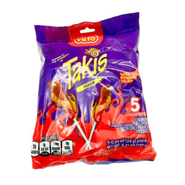 Vero Takis Chamoy Artificially Flavored Lollipop with Chili Pepper Powder, 5 Lollipops bag