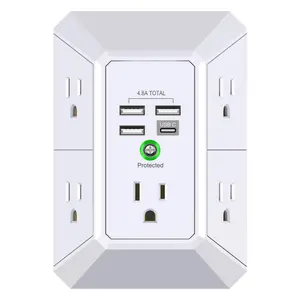 Wall Charger, Surge Protector, QINLIANF 5 Outlet Extender with 4 USB Charging Ports (4.8A Total) 3-Sided 1680J Power Strip Multi Plug Adapter Spaced for Home Travel Office (3U1C)