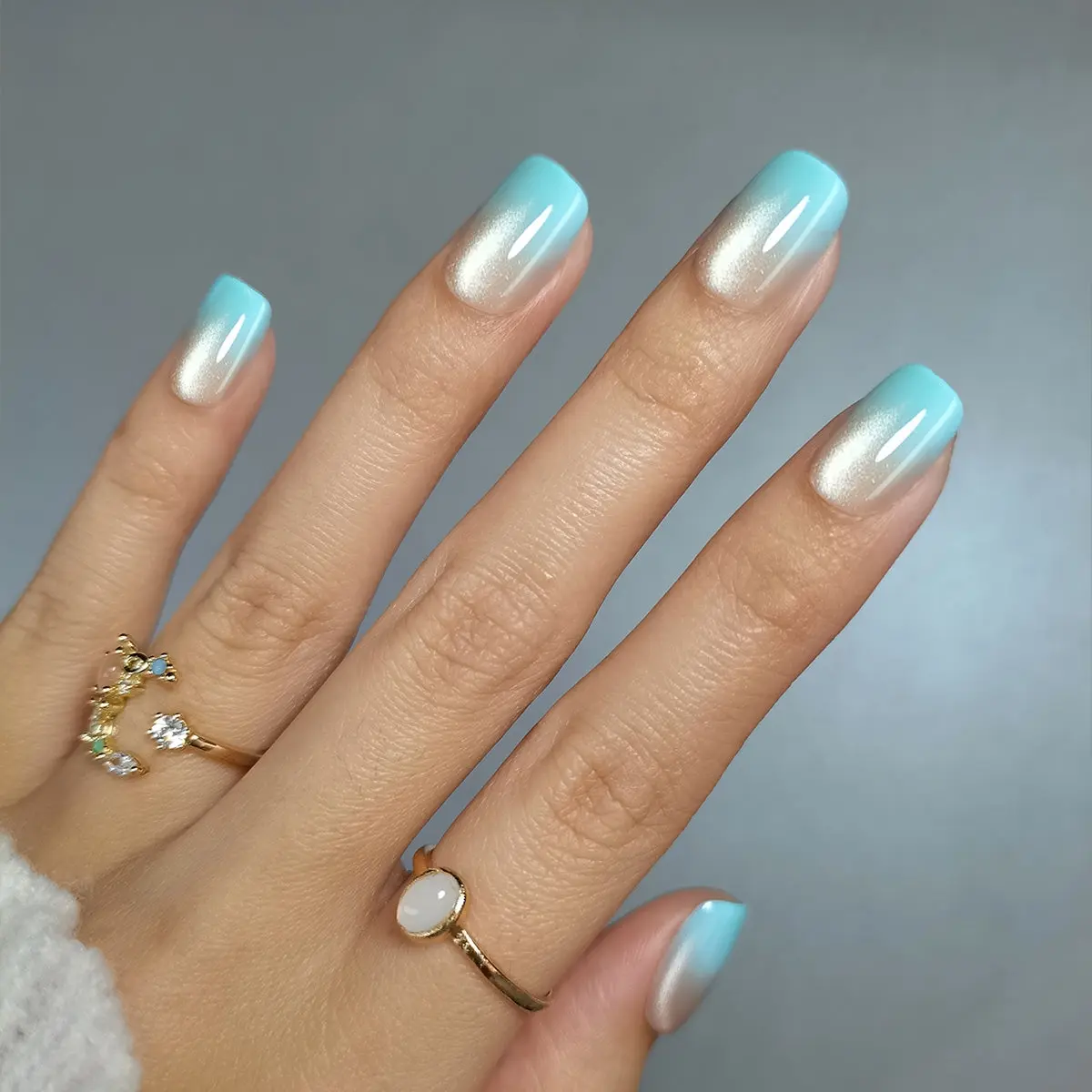 Curvlife short squoval striped Press On Nails blue glossy shiny ombre Easy Apply Nail Art