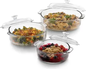 Libbey Baker's Basics 3-Piece Glass Casserole Dishes with Glass Covers, Stackable Kitchen Bakeware for Oven, Microwave Use