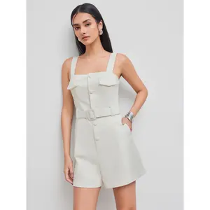 Cider [size 2-10] Corduroy Square Neck Solid Pocket Romper With Belt
