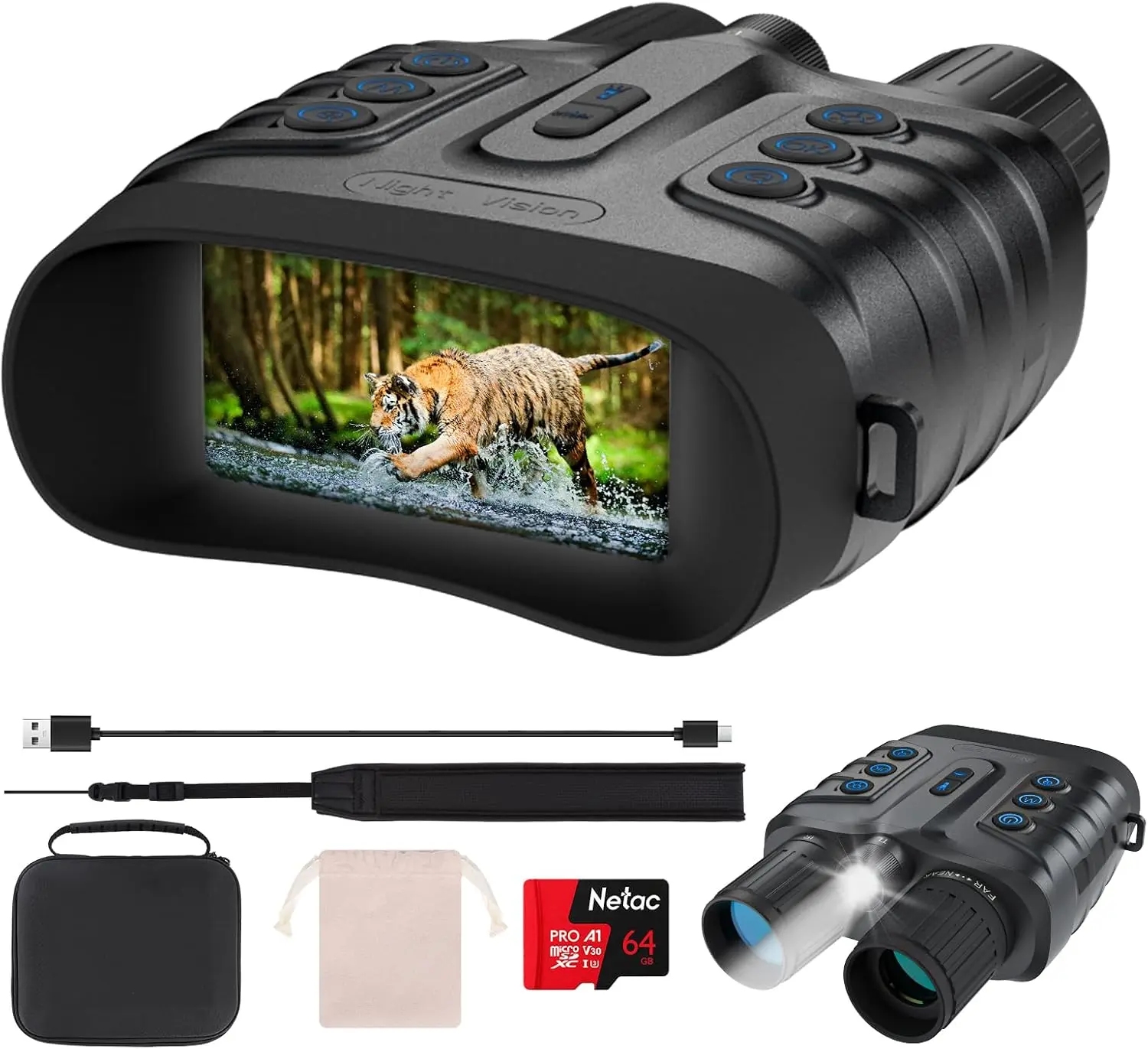 Night Vision Goggles, 4K 40MP Binoculars with 10000mAh Battery, 64GB Card | Night vision binoculars with 3-inch HD screen, 3-level 850nm infrared, 64GB card, Up to 22-hour runtime, IP65 build
