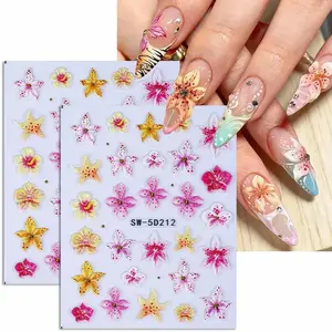 2 Pcs Embossed Floral Nail Art Stickers, Flower Nails, 3D Elegant Lily Spring Design DIY Nail Decals, Suitable for Women and Girls