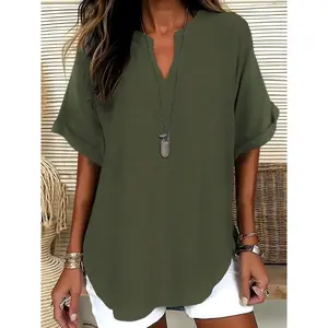 Women's Simple Vintage Solid Color V-Neck Short Sleeve Shirt, Blouse, Casual Ladies' Top, Stylish and Comfortable, Perfect for Daily Wear