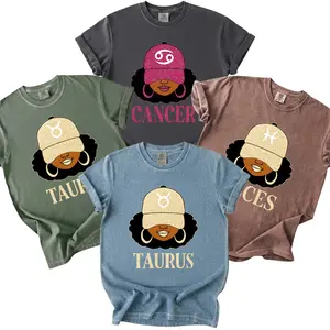 [Full 12 Zodiac Sign] Comfort Colors T-Shirt – Cancer Pisces Taurus Astrology Girl Graphic Tee for Women, Trendy Glitter Hat Horoscope Shirt, Vintage Washed Cotton Birthday Gift for Her