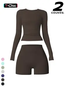 Women's Sporty Two-Piece Set, Long Sleeve Breathable Round Neck Top & High Waist Shorts, Comfortable Running Gym