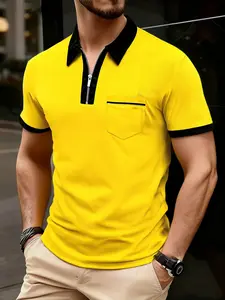 Men's Casual Collared Short Sleeve Polo Shirt, Pure Color Design, Quarter Zipper, Chest Pocket, Perfect for Daily Wear & Fashionable, Solid Polo Shirt, Casual Polo Shirts, Menswear