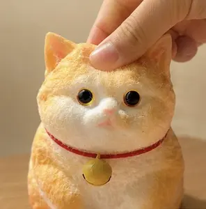 Realistic Furry Orange Cat Squishy, Super Soft Plush-Textured Kitten Squeeze Toy, Charming Round Features with Red Collar & Bell, Calming Slow-Rebound Fidget, Whimsical Cat-Themed Accessory