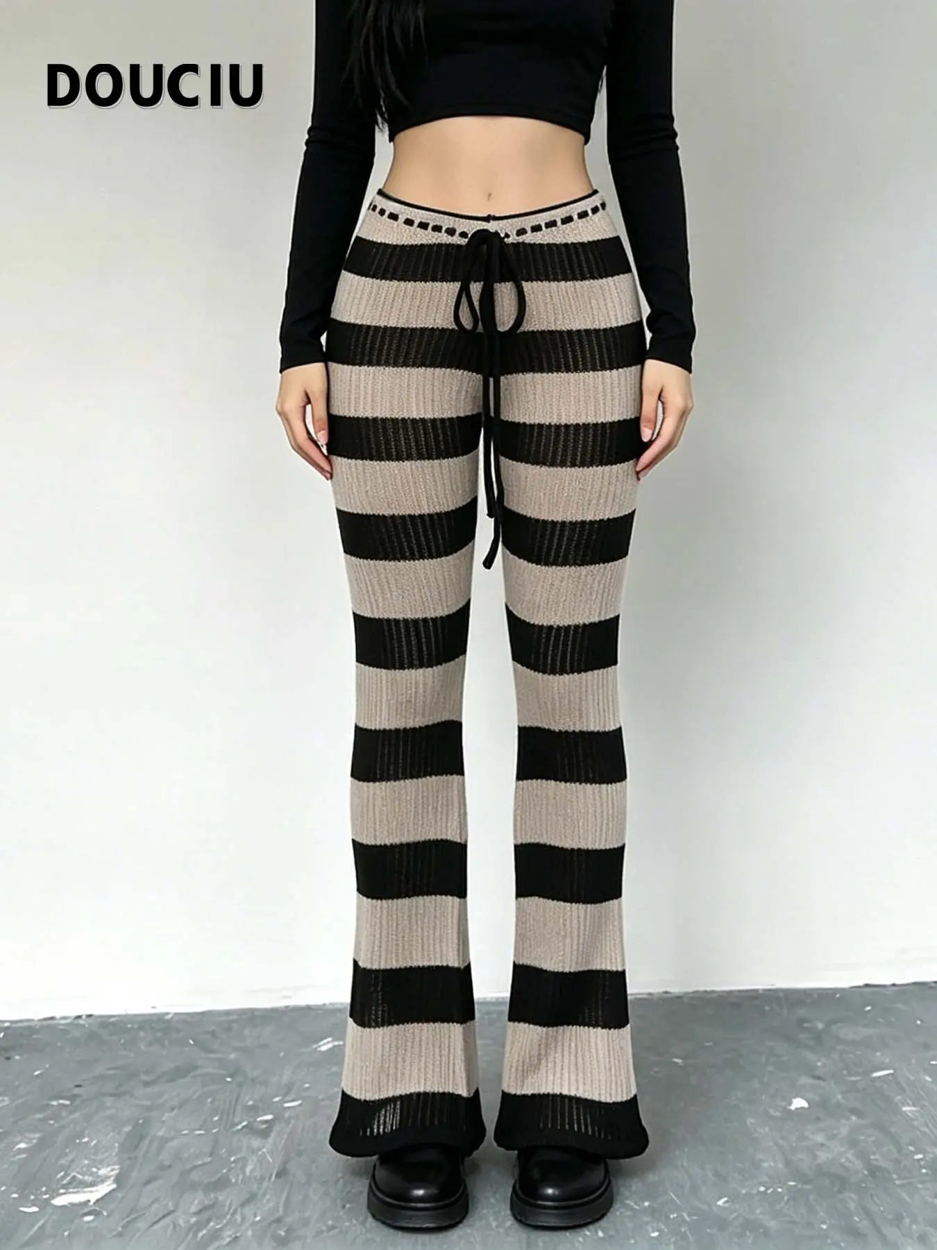 DOUCIU Trendy Street Style Tight Fit Sexy Casual Comfy Elastic Stretchy Hot Cool Women's Thin Color Block Striped Knit Long Pants, Casual Bottom, Fashionable and Versatile, Casual Fashion Trousers, Casual Streetwear Pants, Womenswear