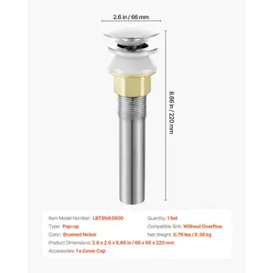 VEVOR Bathroom Sink Drain Without Overflow, Brass and 304 Stainless Steel Pop Up Drains, Anti-Clogging Vessel Drain Strainer, All Metal Hair Catcher Drains Stopper, for Sinks Without Overflow Holes