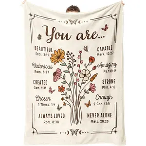Christian Gifts for Women, Christian Floral Throw Blanket, Birthday Religious Gifts for Women Friendship, Inspirational Scripture Faith Gift for Friend, Sister, Mom, Daughter, 50'' x 60''(Beige)
