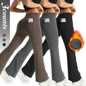 Women's wool lined flared yoga pants - autumn and winter high waisted pocket leggings, comfortable daily and sportswearRAIMENTRY