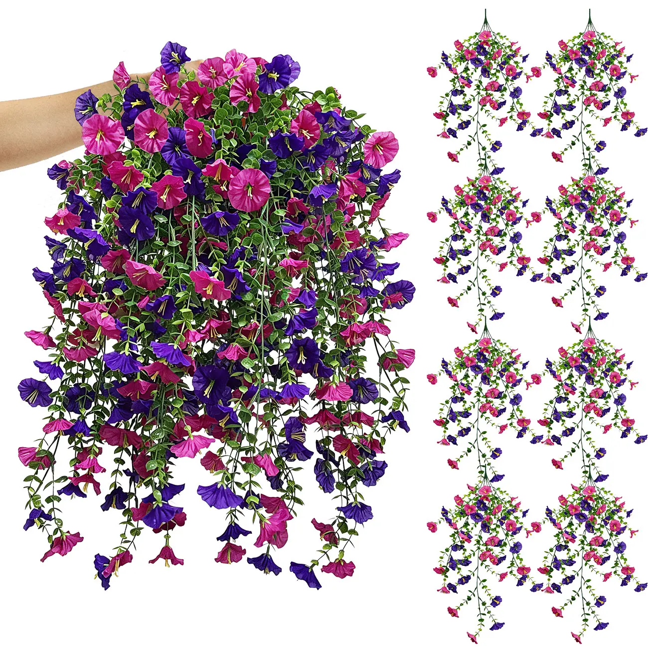 8-Piece Fade-Resistant Plastic Hanging Morning Glory Vine Set with Synthetic Eucalyptus Leaves, Decorative Adjustable Artificial Plants for Balconies, Porches, Bohemian Casual Daily Home Decor for Anyone Who Loves Beautiful, Auspicious Spaces