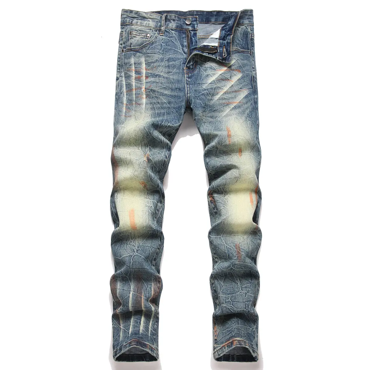 XIMXIMMTIAN Men's Blue Classic Denim Jeans - Designer, Casual Streetwear, Battle-Damaged, Bled-Out, Better-Fitting, Stretch, Water Washed, Retro Biker, Pocket Pants