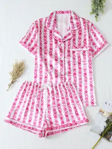 Women's 2-Piece Sleepwear Set, Striped Starfish Shell Print, Sweet Lapel Short Sleeve Top with Pocket, Bow Shorts, Casual Homeewear, Pajama Set